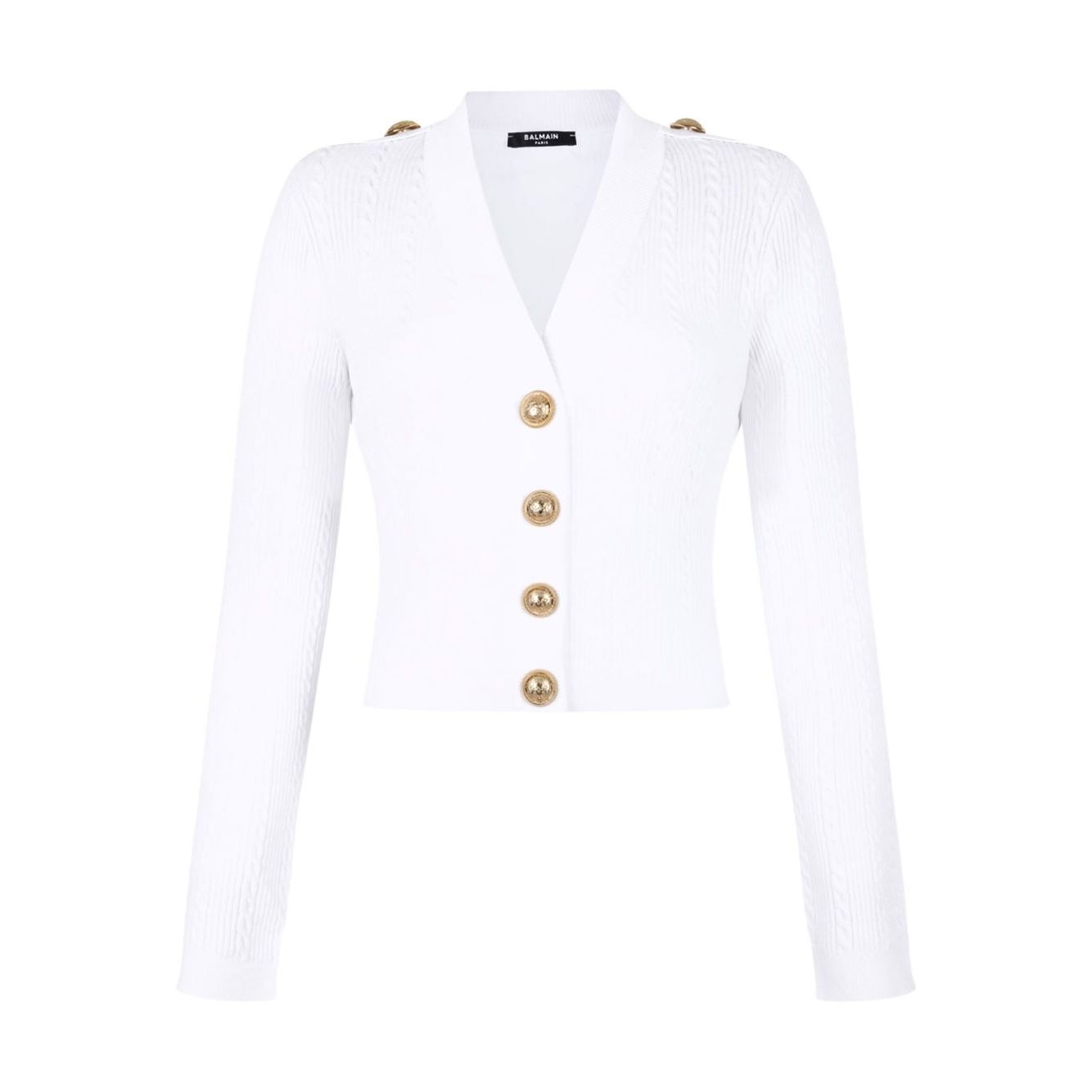 Balmain Button-Trim Cable-Knit Cardigan in white with gold shoulder and front buttons, V-neck, long sleeves, ribbed knit design.