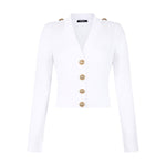 Balmain Button-Trim Cable-Knit Cardigan in white with gold shoulder and front buttons, V-neck, long sleeves, ribbed knit design.