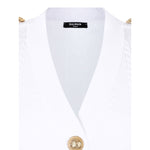 White Balmain Button-Trim Cable-Knit Cardigan with gold buttons and ribbed V-neck detail, featuring shoulder button accents.