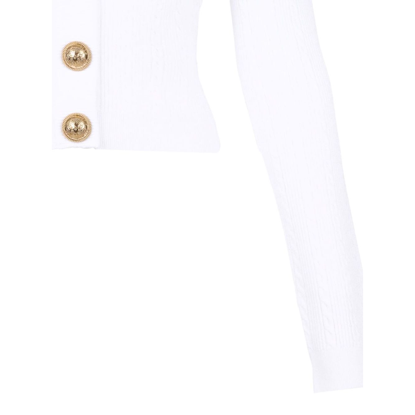 Balmain Button-Trim Cable-Knit Cardigan in white with gold button details on ribbed knit fabric.