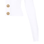 Balmain Button-Trim Cable-Knit Cardigan in white with gold button details on ribbed knit fabric.