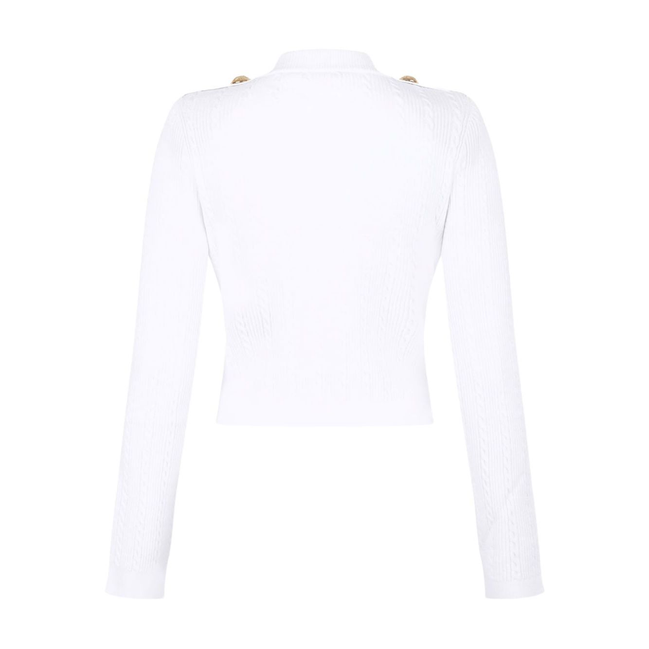 Back view of white Balmain Button-Trim Cable-Knit Cardigan with ribbed texture and shoulder buttons.
