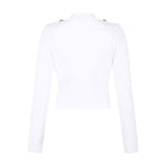Back view of white Balmain Button-Trim Cable-Knit Cardigan with ribbed texture and shoulder buttons.