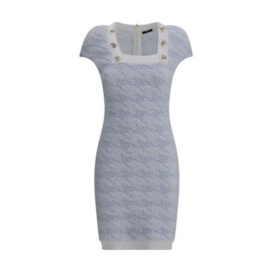 Balmain Light Blue Polyamide Casual Dress with ribbed square neckline, embossed buttons, and back zipper, AW25 slim fit.