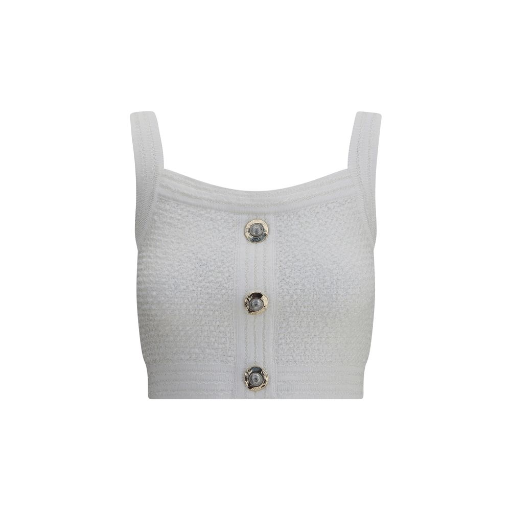 Balmain White Polyamide Top featuring a square neckline, thick straps, and embossed buttons in iconic tweed. Slim fit for AW25 season.