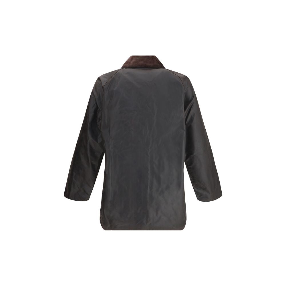 Rear view of Barbour Black Cotton Coat with corduroy collar and classic design for all-weather protection and style.