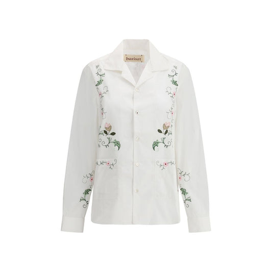 Baziszt Embroidered Shirt with floral design and bowling collar, front view showcasing button closure, made of 100% cotton, SS25 collection.
