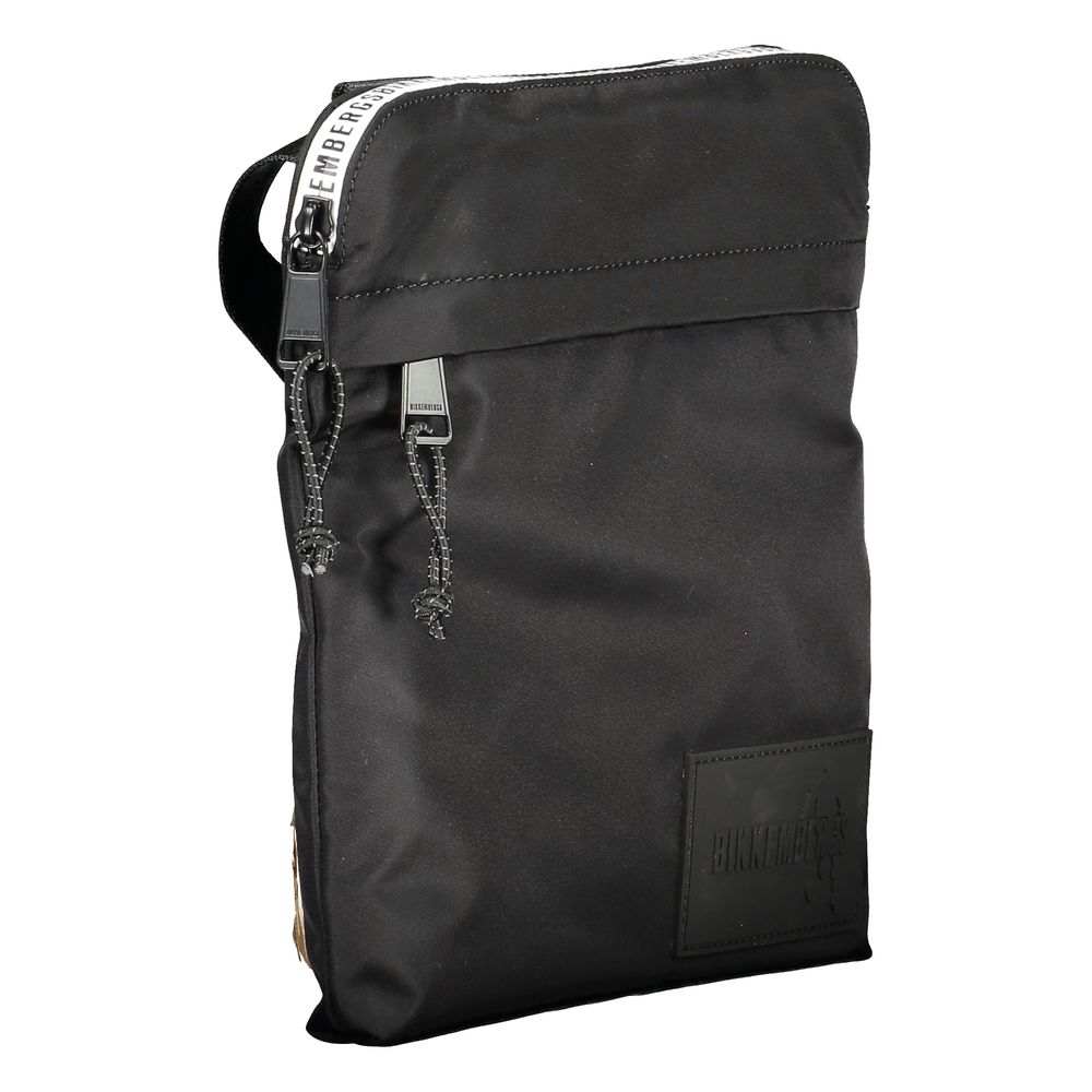 Bikkembergs Black Nylon Shoulder Bag with adjustable strap, external and internal pockets, contrasting details, and zip closure.