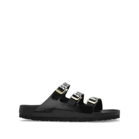 Black Birkenstock Sandals with buckle strap, slip-on, round open toe, rubber sole, narrow width, Florida leather style.