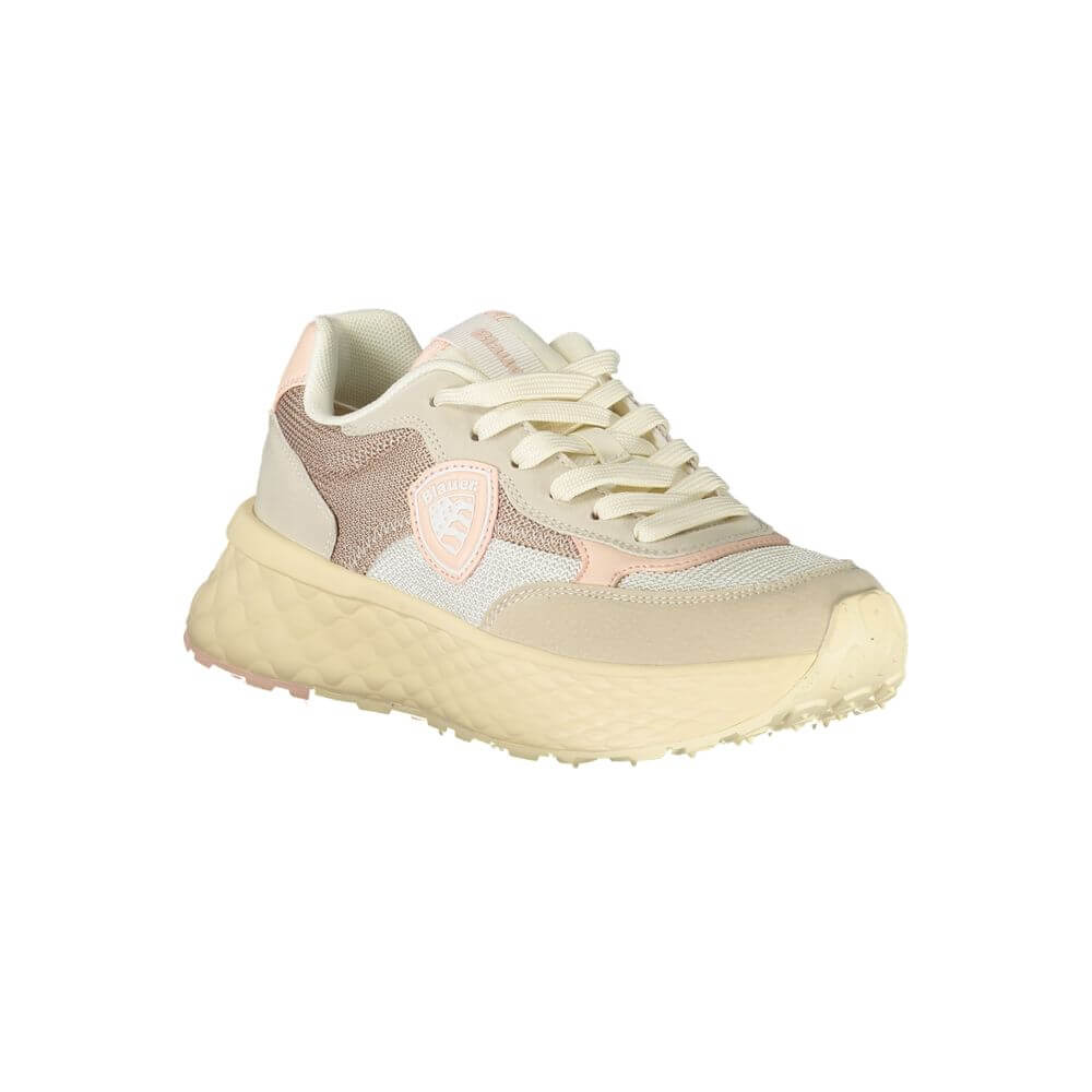 Blauer Beige Polyester Women Sneaker with pink accents on white background.