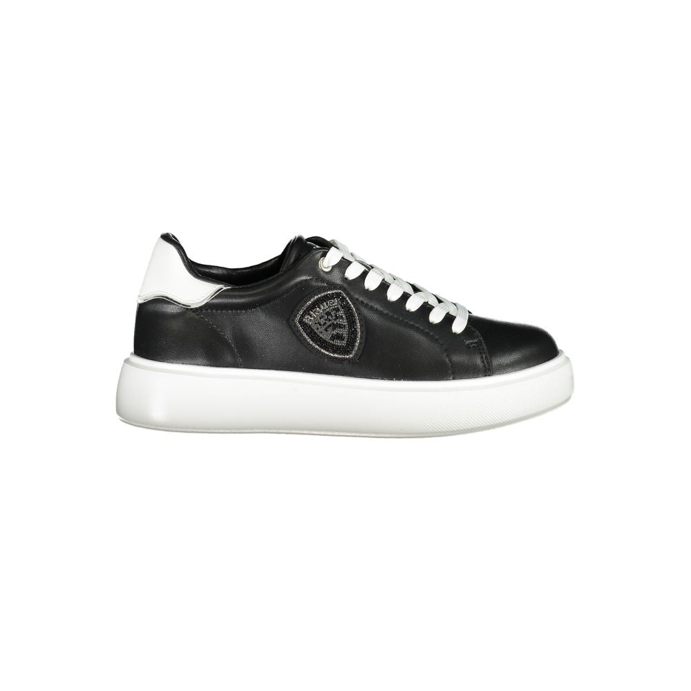 Blauer Black Leather Women Sneaker with white accents and rhinestone logo, featuring removable insole for style and comfort.