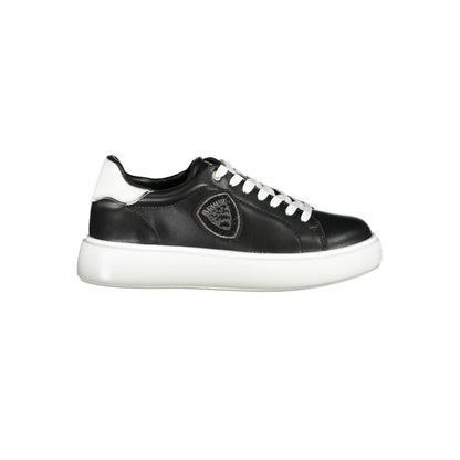 Blauer Black Leather Women Sneaker with white accents and rhinestone logo, featuring removable insole for style and comfort.