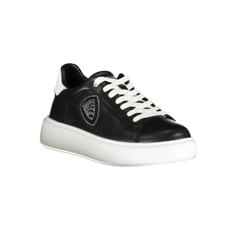 Blauer Black Leather Women Sneaker with white details and rhinestone embellishments, featuring removable insoles and iconic logo for style enthusiasts.