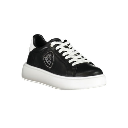 Blauer Black Leather Women Sneaker with white details and rhinestone embellishments, featuring removable insoles and iconic logo for style enthusiasts.
