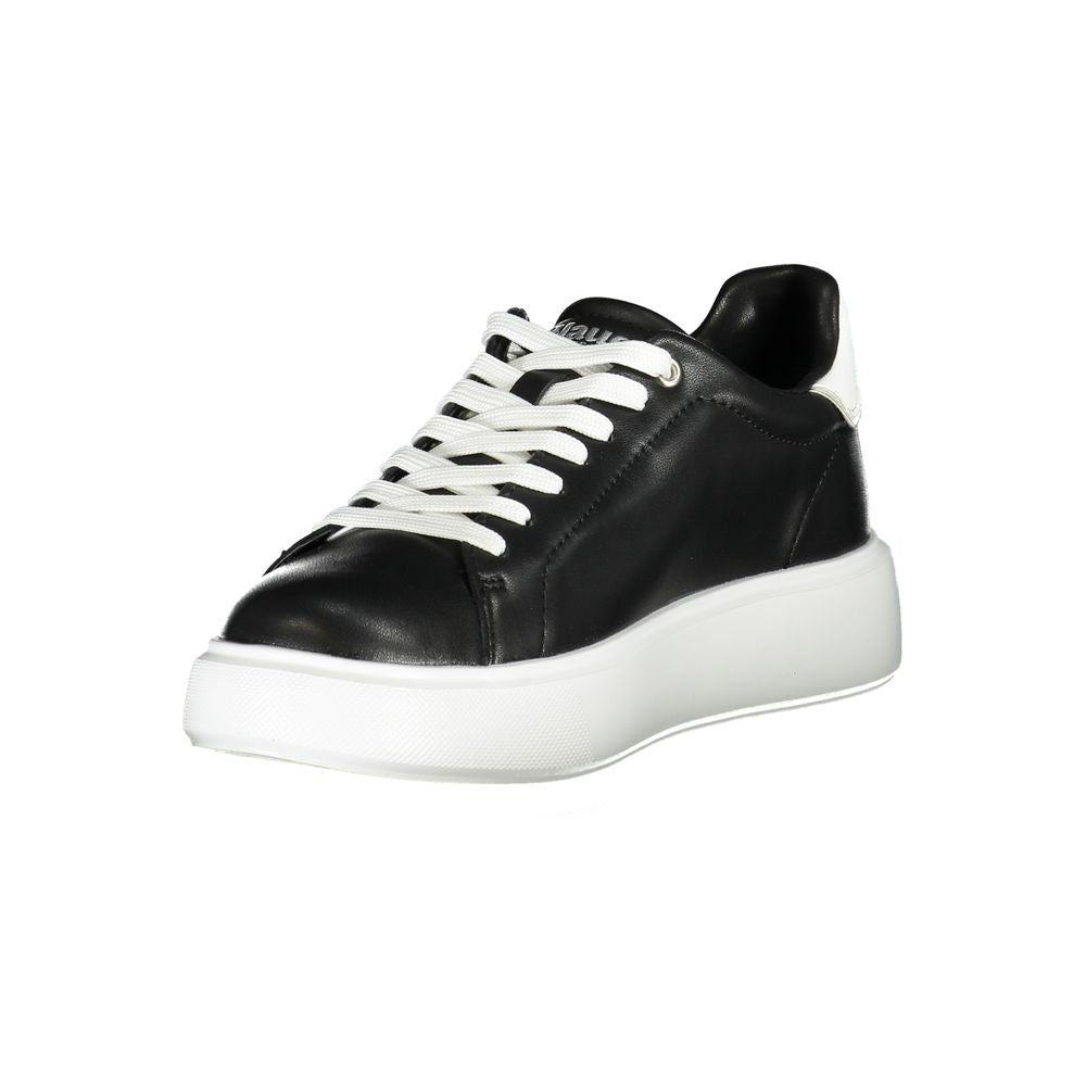 Blauer Black Leather Women Sneaker with white details and rhinestone accents, featuring a removable insole for customizable comfort.