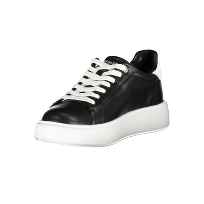Blauer Black Leather Women Sneaker with white details and rhinestone accents, featuring a removable insole for customizable comfort.