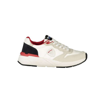 Blauer White Polyester Men Sneaker with red accents and Blauer logo, side view.