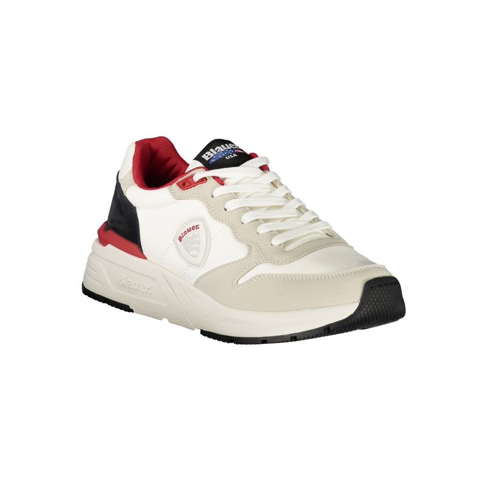 Blauer White Polyester Men Sneaker with red accents and logo, stylish sports footwear.