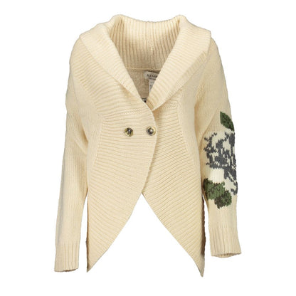 Blugirl Beige Acrylic Women Cardigan with elegant embroidery and high collar design for a chic, sophisticated look.