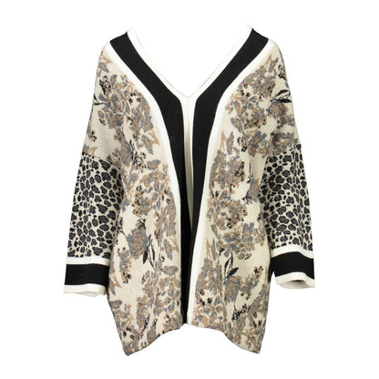 Blugirl Beige Acrylic Women's Sweater with elegant floral and animal print design, featuring a v-neckline and stylish long sleeves.
