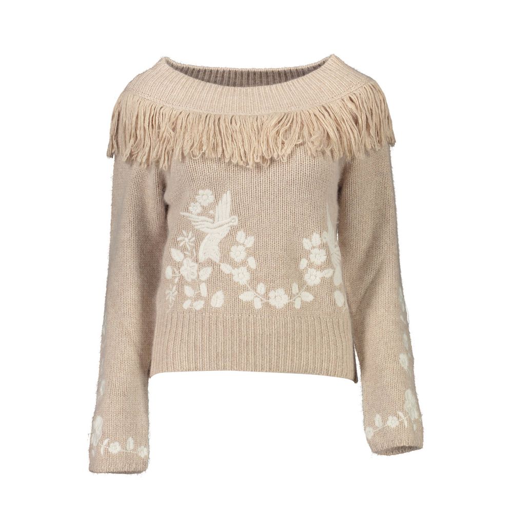 Blugirl Beige Poliammide Women Sweater with fringe detailing and floral embroidery, long-sleeved, chic and elegant design perfect for any occasion.