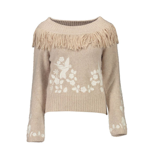 Blugirl Beige Poliammide Women Sweater with fringe detailing and floral embroidery, long-sleeved, chic and elegant design perfect for any occasion.
