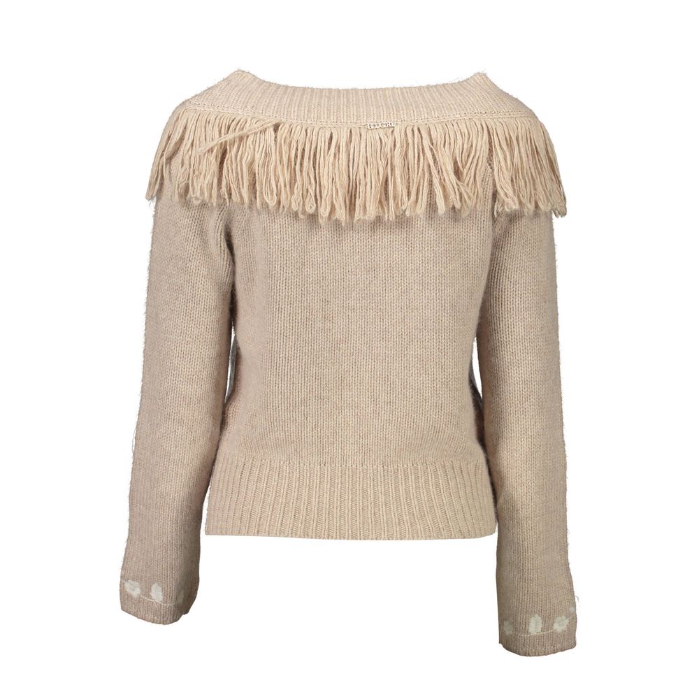 Blugirl Beige Poliammide Women Sweater with fringed design and knit details, showcasing chic elegance and style.
