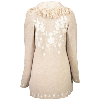 Blugirl Beige Polyamide Women Cardigan featuring floral embroidery and fringed detailing, perfect blend of elegance and modern style.