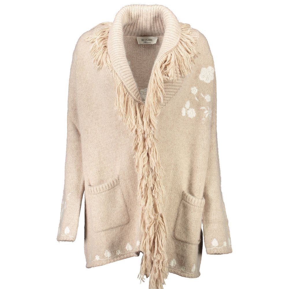 Blugirl Beige Polyamide Women Cardigan with hand-embroidered details and front pockets, showcasing luxurious craftsmanship.