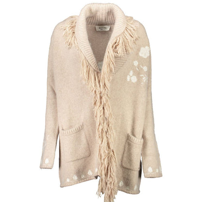 Blugirl Beige Polyamide Women Cardigan with hand-embroidered details and front pockets, showcasing luxurious craftsmanship.