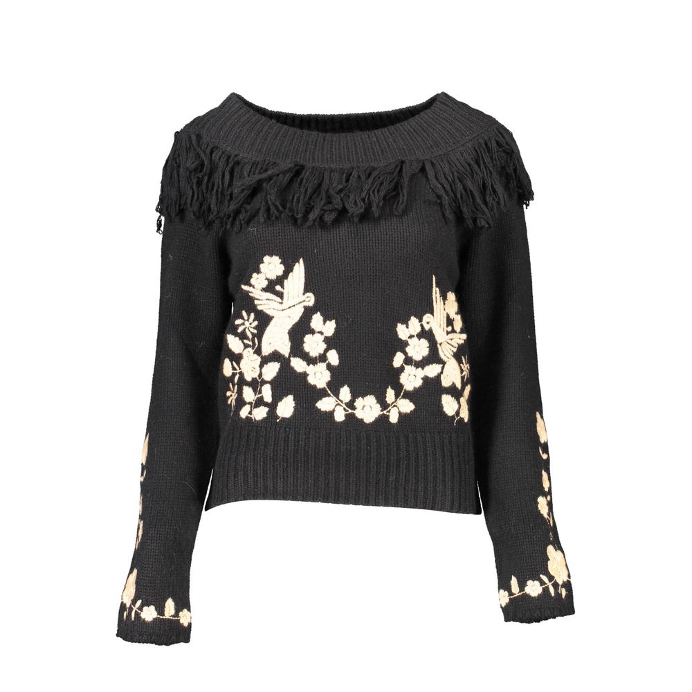 Blugirl Black Polyamide Women's Sweater with chic boat neckline and fringe detail.
