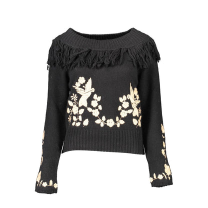 Blugirl Black Polyamide Women's Sweater with chic boat neckline and fringe detail.