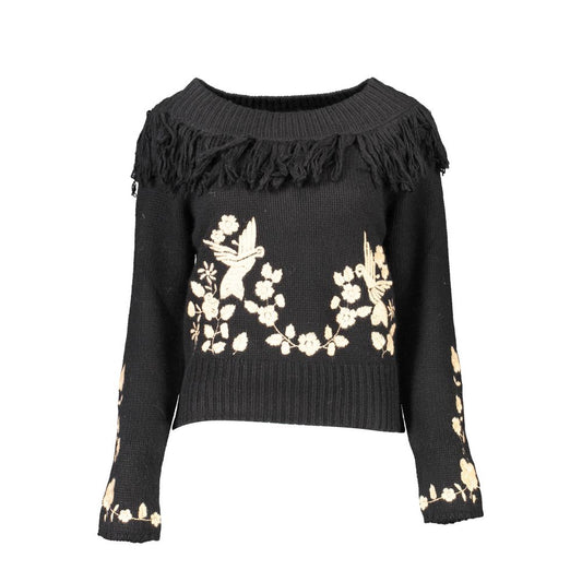 Blugirl Black Polyamide Women's Sweater with chic boat neckline and fringe detail.