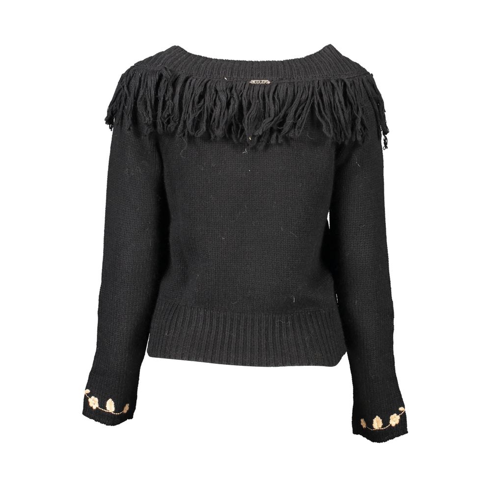 Blugirl Black Polyamide Women's Sweater with boat neckline and wide sleeves, featuring dual styling options and chic fringed design.