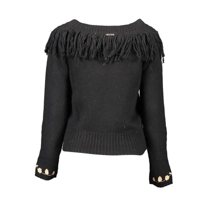 Blugirl Black Polyamide Women's Sweater with boat neckline and wide sleeves, featuring dual styling options and chic fringed design.