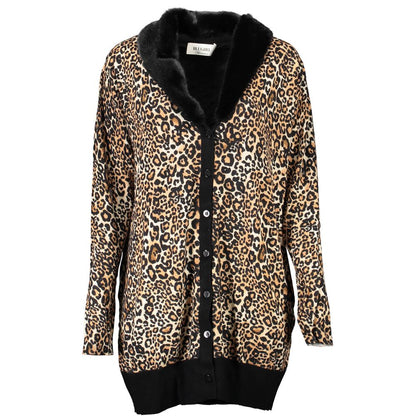 Blugirl Nero Viscosa Women Cardigan with leopard print design, featuring button-up front and plush collar.