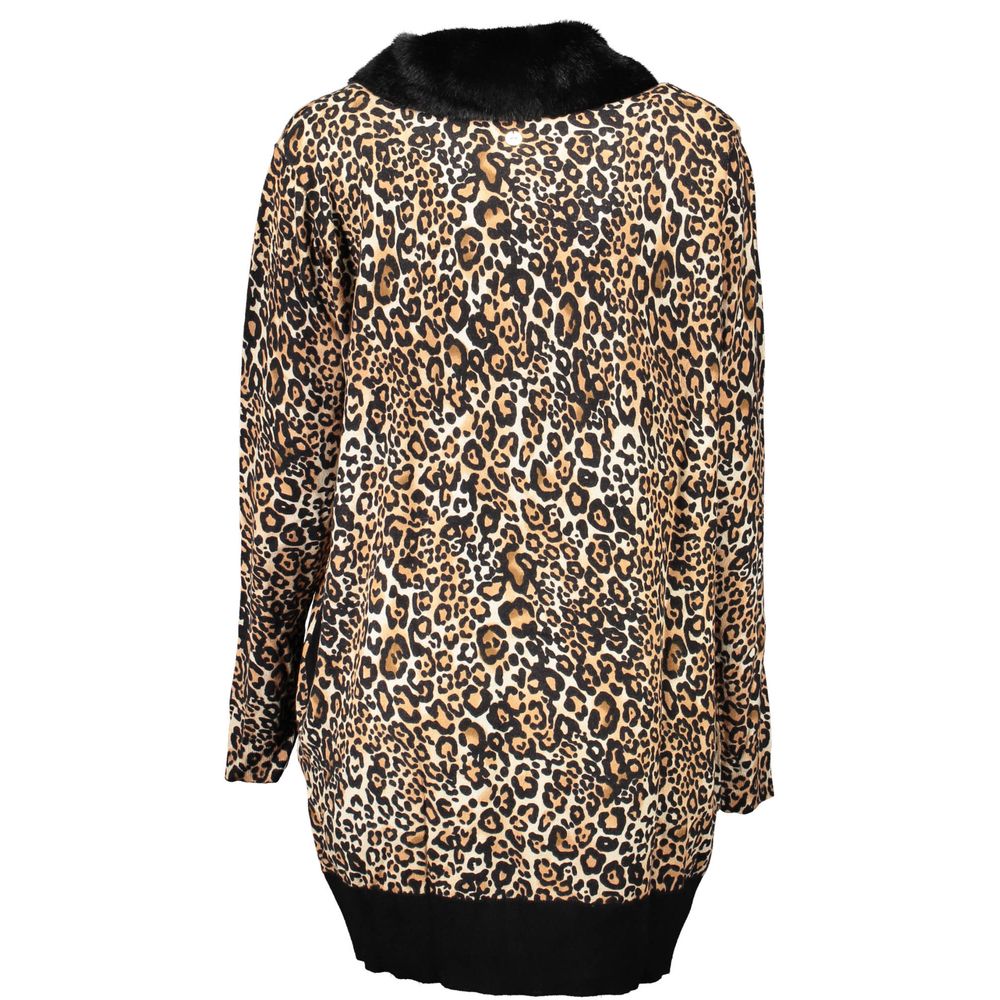 Back view of Blugirl Nero Viscosa Women Cardigan with leopard print pattern and black trim, showcasing fashion-forward urban style.