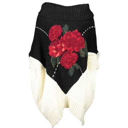 Blugirl White Acrylic Women Sweater with floral embroidery, high collar, and contrasting details for a bold fashion statement.