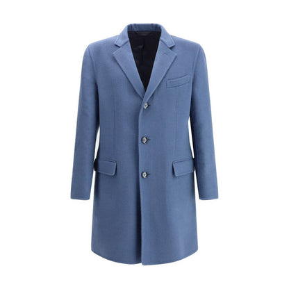 Brioni Light Blue Wool Coat with classic lapel, button closure, and flap pockets; 70% wool, 30% cashmere, perfect for AW25.
