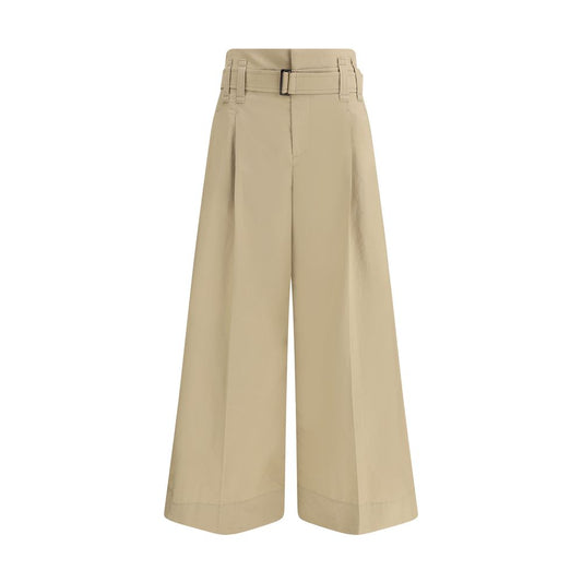 Brunello Cucinelli Beige Cotton Cropped Pants with draw belt and pleated design for a sophisticated, boxy silhouette.