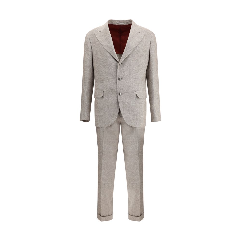 Brunello Cucinelli Beige Silk Two-Piece Suit with peaked lapels and welt pockets, three-button closure and straight pants in elegant design