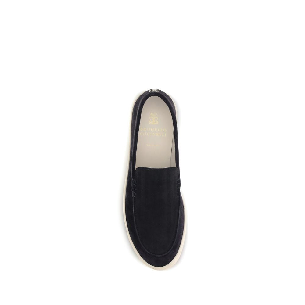 Top view of Brunello Cucinelli Black Calf Leather Bos Taurus Sneakers, showcasing the slip-on style and logo-embossed insole.
