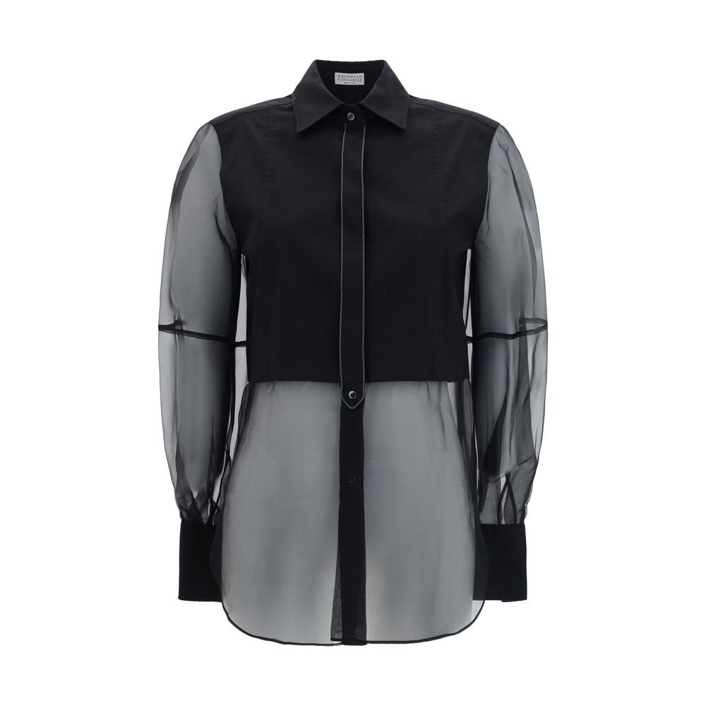 Brunello Cucinelli Black Cotton Pattern Shirt with classic collar and semi-transparent design