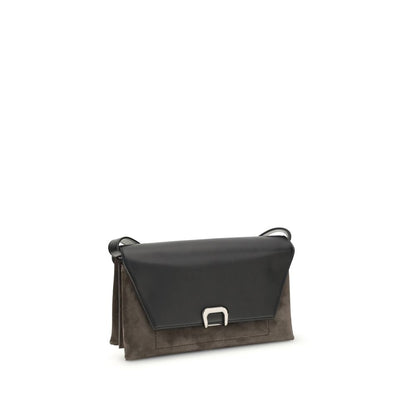 Brunello Cucinelli Black Leather Shoulder Bag with magnet closure, adjustable strap, zippered pocket, and leather interior.