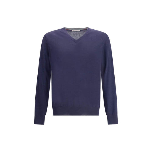 Brunello Cucinelli Blue Cashmere Cashmere Sweater with ribbed V-neck, ideal for sophisticated style.