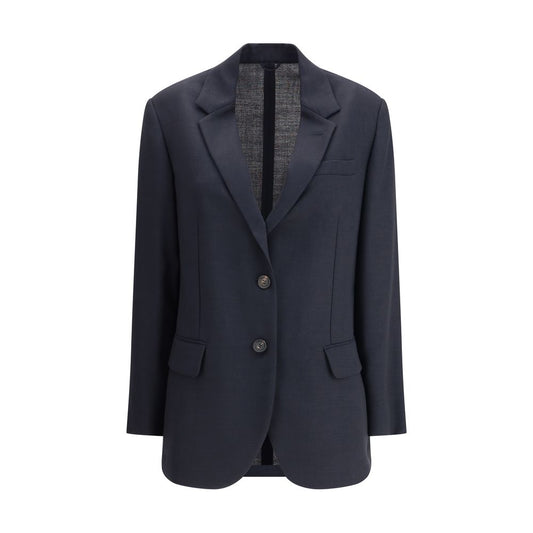 Brunello Cucinelli Blue Fleece Wool Blazer with lapels, two-button front, and flap welt pockets, ideal for a refined, timeless look.
