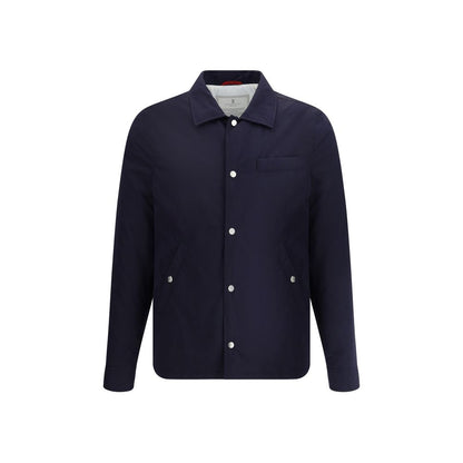 Brunello Cucinelli Blue Nylon Full-Length Jacket with classic collar and button closure, showcasing elegance and functionality.