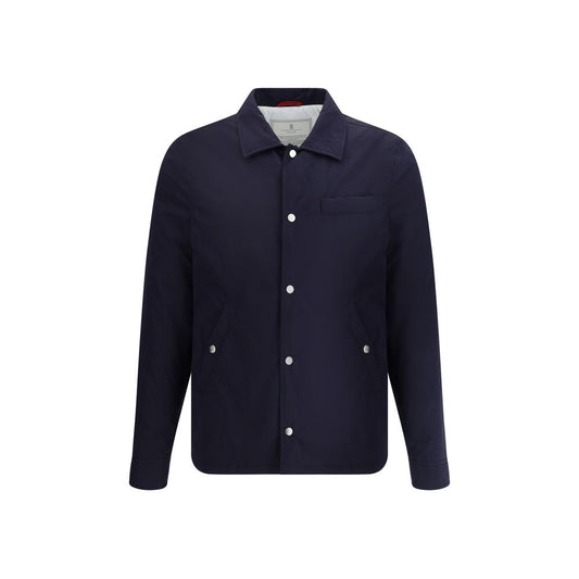 Brunello Cucinelli Blue Nylon Full-Length Jacket with classic collar and button closure, showcasing elegance and functionality.