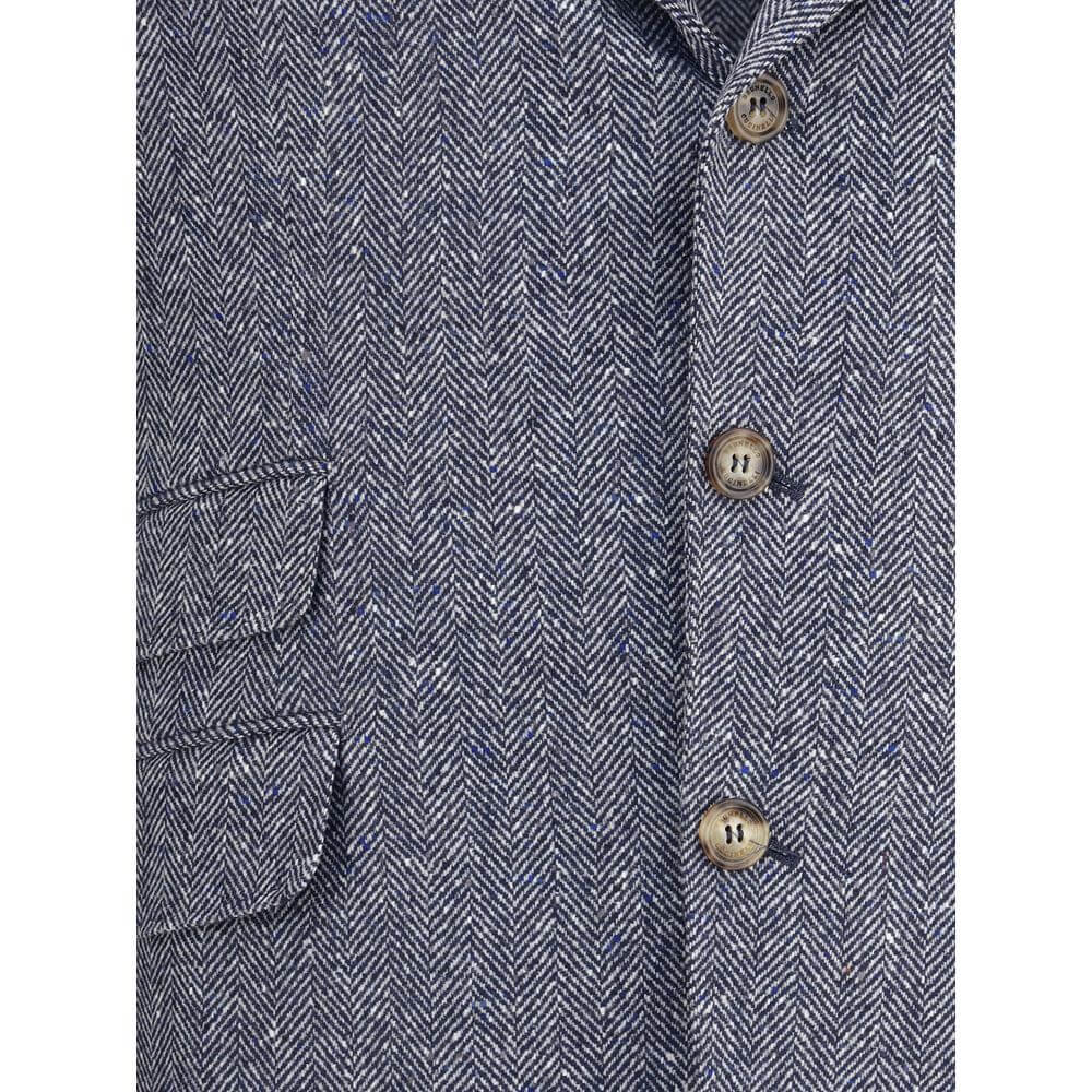Close-up of Brunello Cucinelli Blue Wool Blazer showcasing herringbone pattern and button details