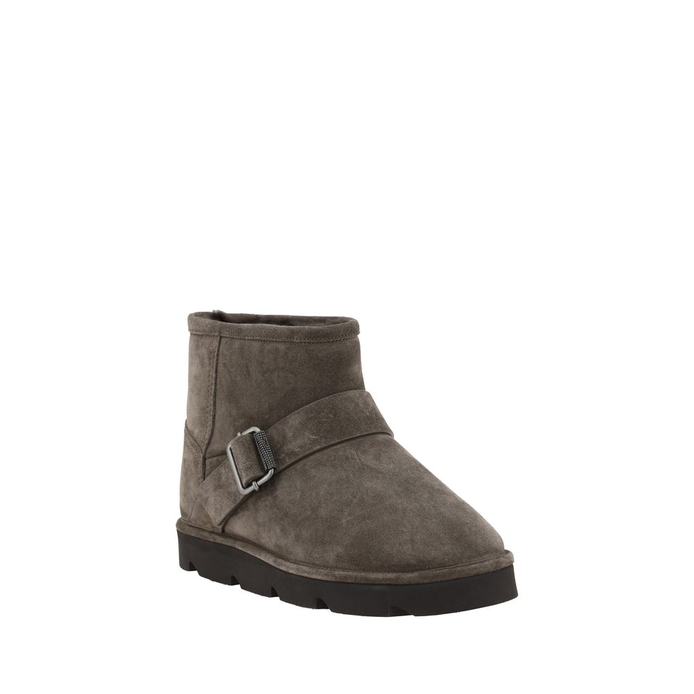 Brunello Cucinelli Brown Calf Leather Bos Taurus Ankle Boots with buckle detail and knurled sole for style and comfort.